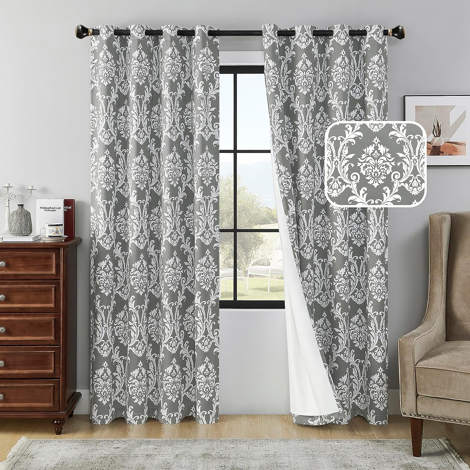 DASHU 100 Blackout Curtains for Living Room Damask Medallion, Double