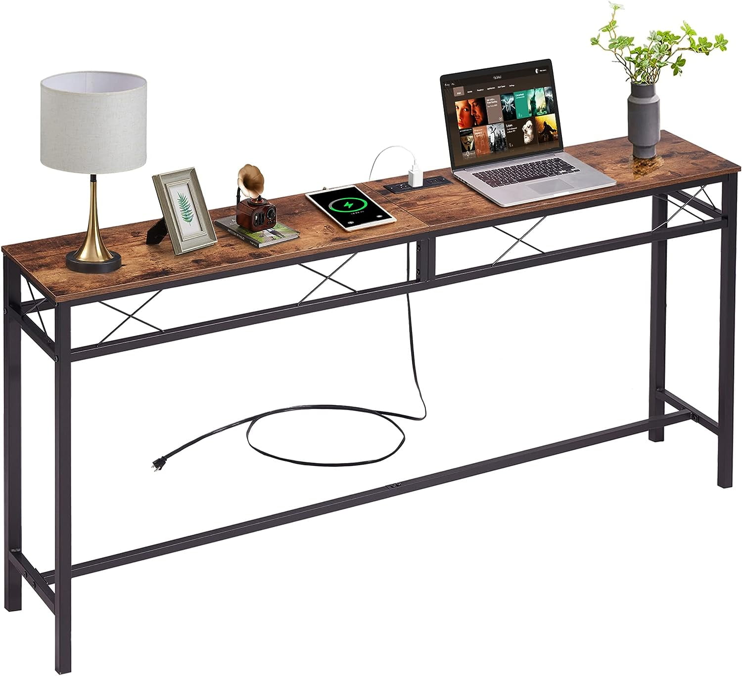 DASHU 55In Extra Long Narrow Sofa/Console Table with Charging Station