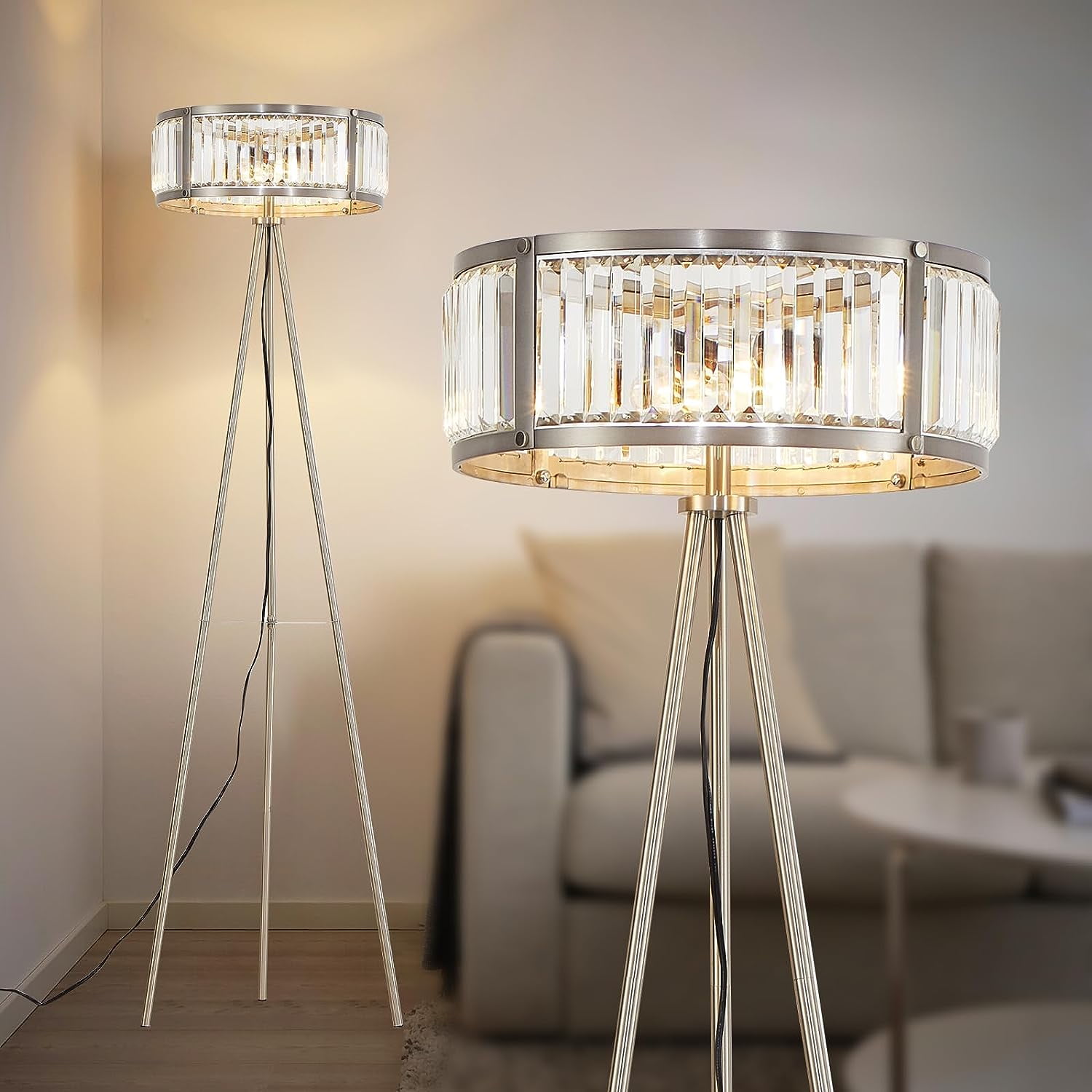 DASHU Tripod Floor Lamp, 3 Lights Crystal Floor Lamp with E26 Lamp Base