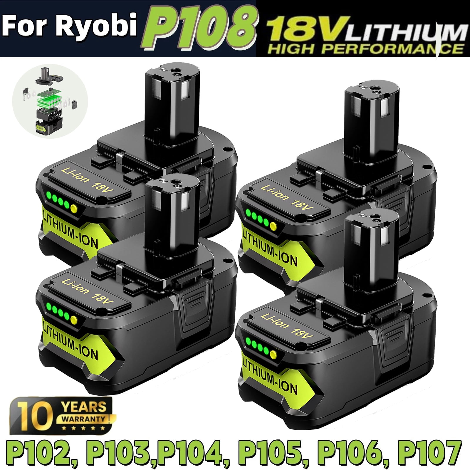 DASNITE 8.0Ah Battery Replacement for Ryobi 18V Battery, 18 Volt Lithium ion Batteries for Ryobi One 18V Cordless Tools P108 P107 P105 P104 P103 P102,4 Packs