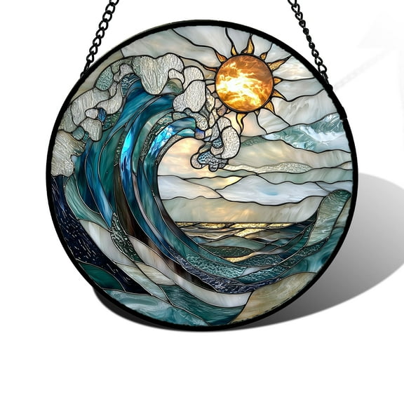 DASTOLL Stained Glass Window Hanging, Blue and White Waves Suncatcher Diamond Glass Panel Landscape Sun Catchers Decor for Birthday for Women, Men, Wife, Aunt, and Mom 7.8 in Y114