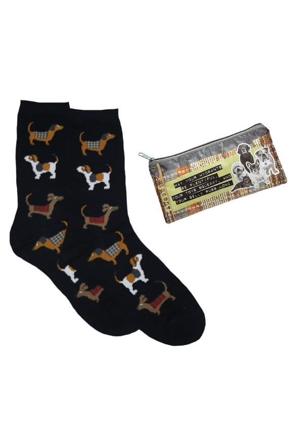Women's Stacked Dogs Black Crew Sock & Reuseable Pencil Bag - 9-11