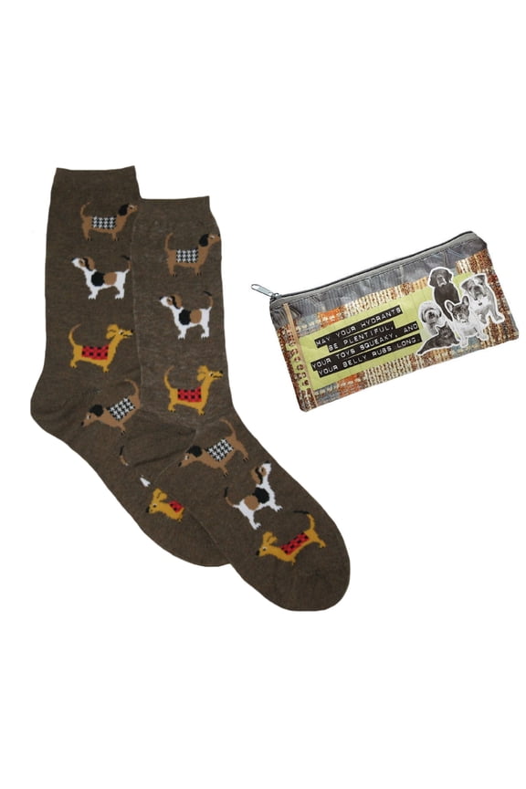 Women's Stacked Dogs Brown Crew Sock & Reuseable Pencil Bag - 9-11