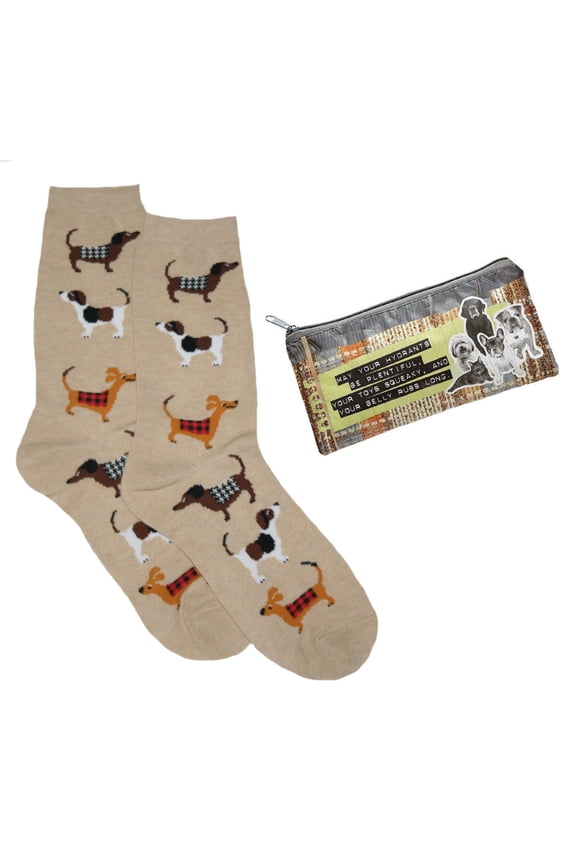 Women's Stacked Dogs Tan Crew Sock & Reuseable Pencil Bag - 9-11