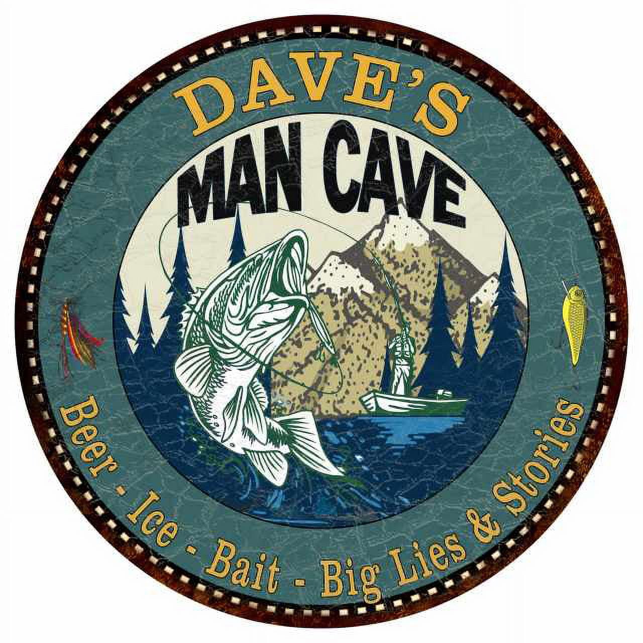DAVE'S Man Cave Fishing 14 Round Metal Sign Garage Bar Wall Decor