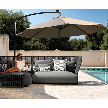 DAVEE FURNITURE 9.5 Ft Offset Cantilever Hanging Patio Umbrella with Solar LED Light - TAN