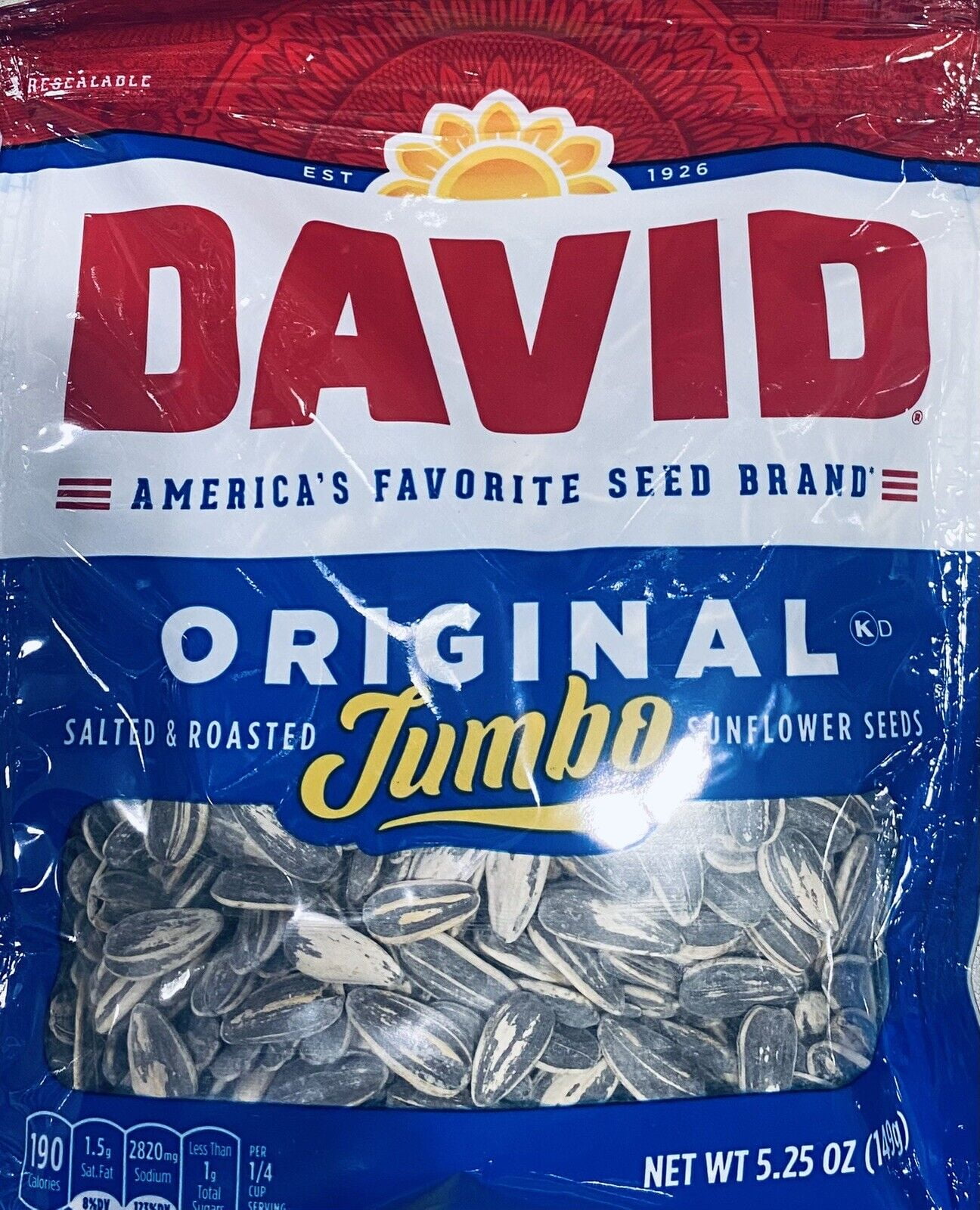 DAVID ALL NATURAL Roasted and Salted ORIGINAL Jumbo Sunflower Seeds 5.