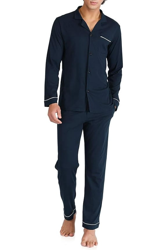 Mens Pajamas Set Soft Cotton Notched Collar Pajamas for Men Long Sleeve with Pockets & Front Fly