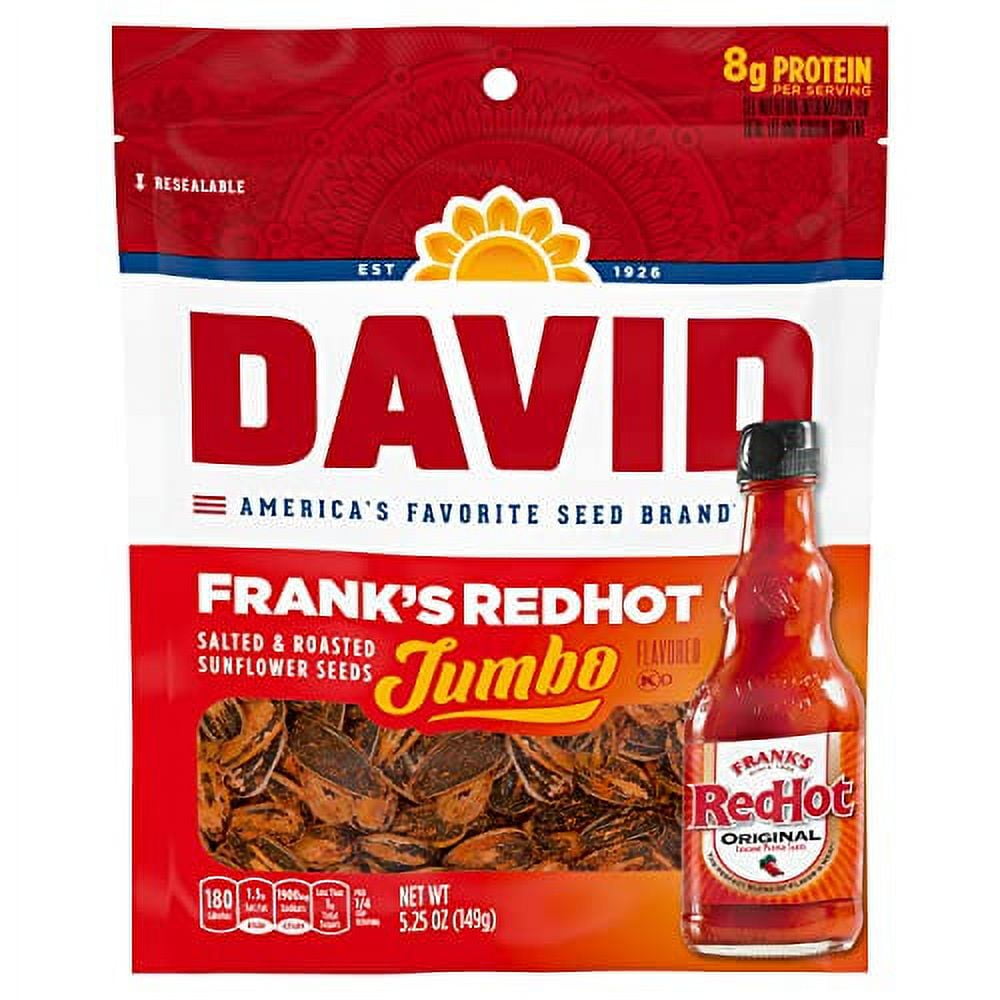 DAVID Frank's RedHot Flavored Salted \u0026 Roasted Jumbo Sunflower Seeds, 5.25 oz. (12 Count)