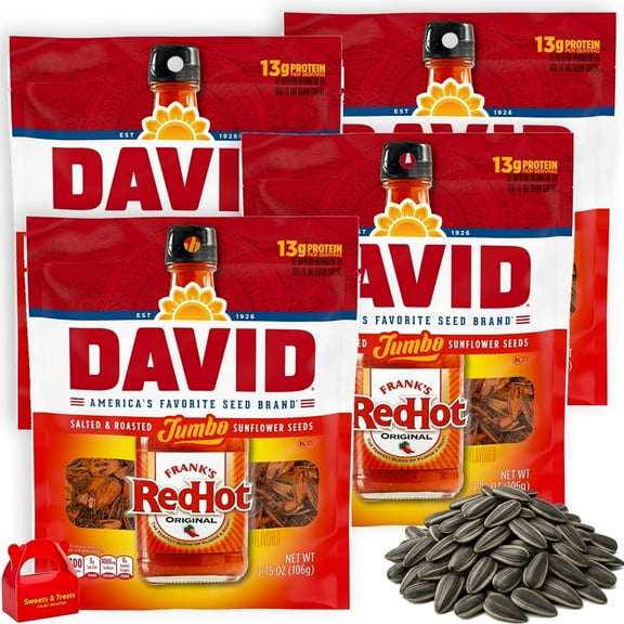 David Franks RedHot Jumbo Sunflower Seeds 4 Bags (3.75 oz Each) Roasted & Salted, Spicy Snack Classic Red Hot Flavor - 15.0 oz Total