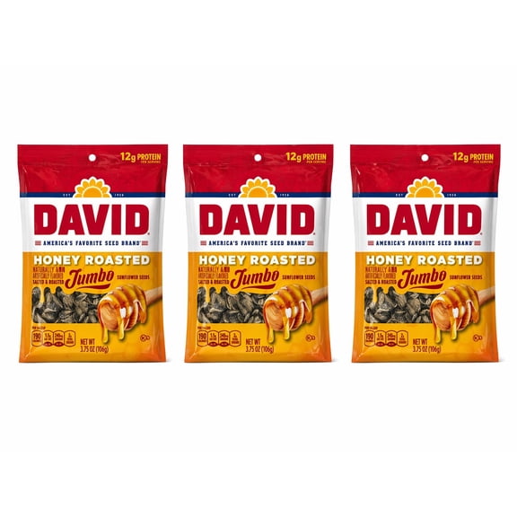 DAVID Honey Roasted Jumbo Sunflower Seeds, 3.75 oz Bags, 3 Pack, Roasted & Salted Snack