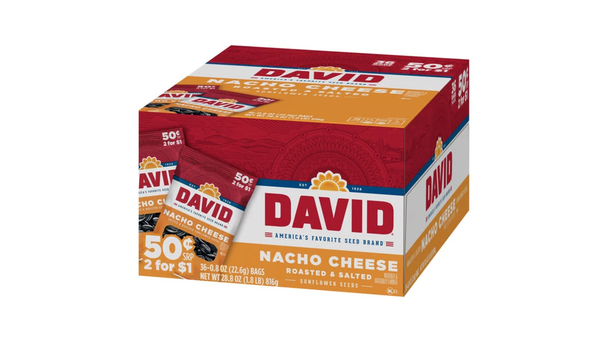 DAVID Nacho Cheese Roasted & Salted Sunflower Seeds, 36 Count Box, 0.8 oz Bags