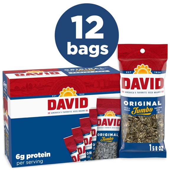 DAVID Jumbo Sunflower Seeds, Original Flavor, Father's Day Baseball Snack for Dad, 1.625 oz. (Pack of 12)