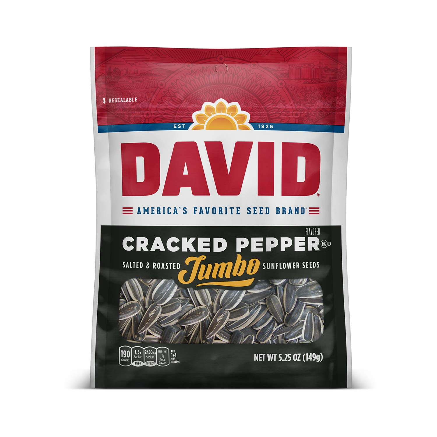 DAVID Roasted and Salted Cracked Pepper Jumbo Sunflower Seeds, Keto Friendly, 5.25 oz