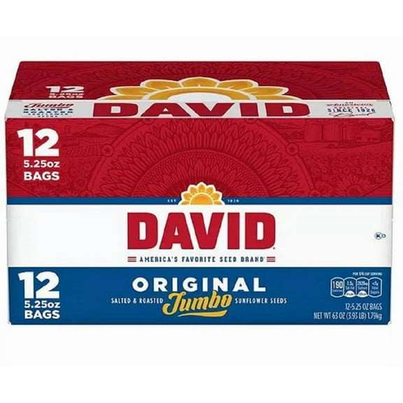 DAVID Roasted and Salted Original Jumbo Sunflower Seeds, Keto Friendly, 5.25 oz, 12 Pack