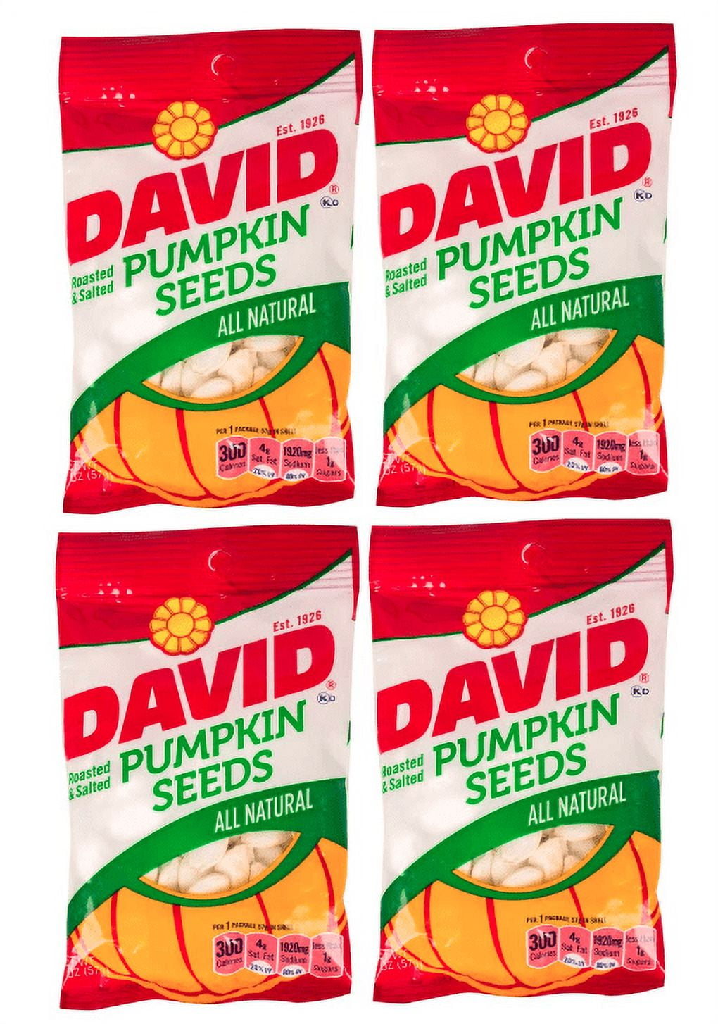 DAVID | Roasted and Salted Pumpkin Seeds | All Natural 2 Oz Per Bag | 4 Pack