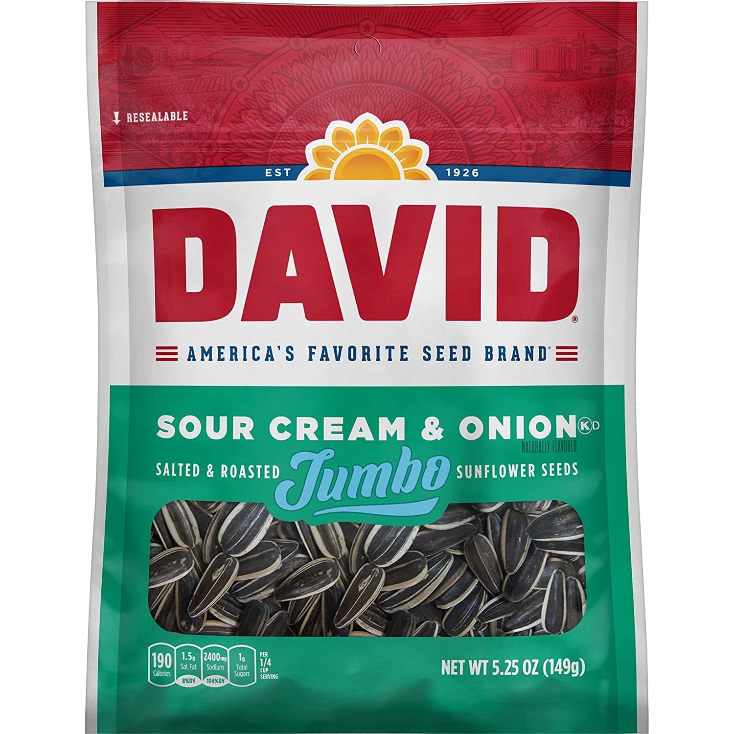 DAVID Roasted and Salted Sour Cream Jumbo Sunflower Seeds, Keto Friendly, 5.25 oz, 12 Count (Pack of 1)