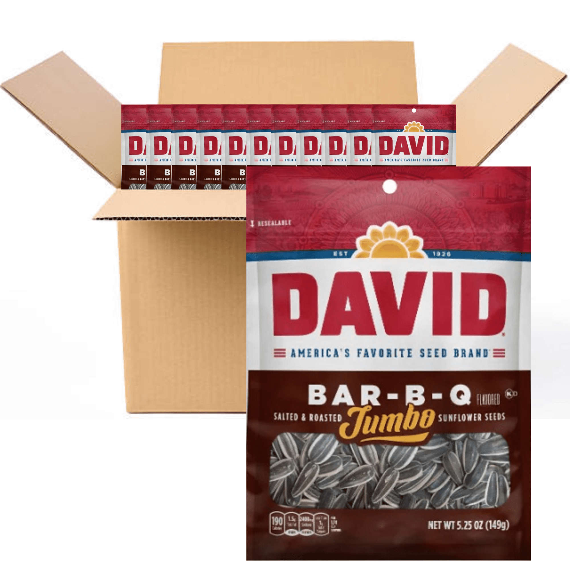 DAVID Seeds BBQ ROASTED & SALTED Jumbo Sunflower Seeds, Keto Friendly Snack, 5.25 Ounce Bags, (BOX OF 12) DELICIOUS READY TO EAT