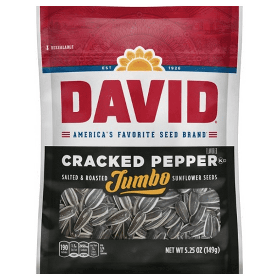 DAVID Seeds JUMBO BLACK CRACKED PEPPER Sunflower Seeds, Keto Friendly Snack, 5.25 Ounce Bags, (BOX OF 12) DELICIOUS READY TO EAT