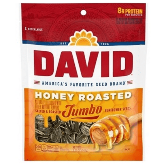 DAVID Seeds JUMBO HONEY ROASTED Sunflower Seeds, Keto Friendly Snack, 5.25 Ounce Bags, (BOX OF 12) DELICIOUS READY TO EAT