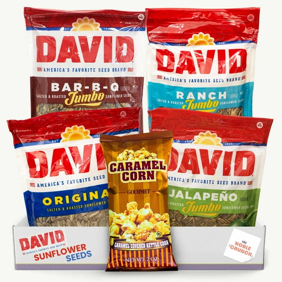 DAVID Sunflower Seeds Variety Pack 5.25OZ - Salted Roasted, Jalapeno, Ranch, BBQ - Caramel Popcorn 2oz - 5 Items