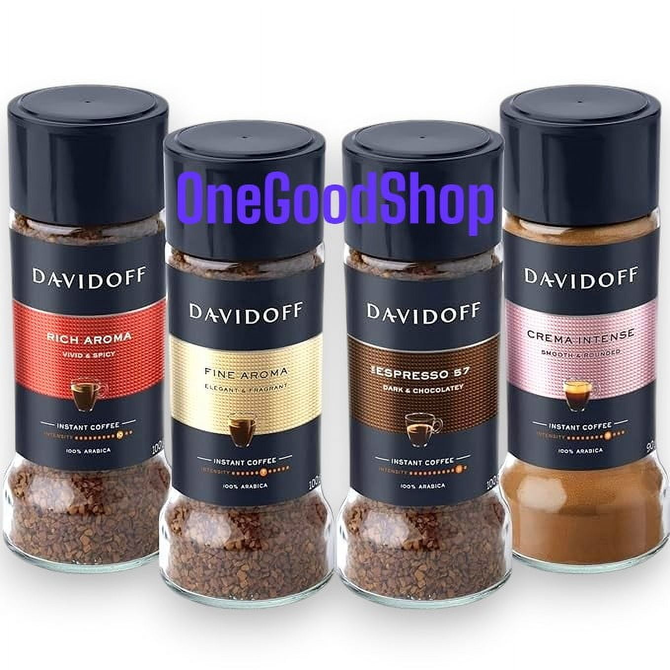 DAVIDOFF Instant Coffee Quartet - Rich Aroma, Fine Aroma, Espresso 57 and Crema Intense Bundle - 100% Arabica Beans - Rich Spice, Delicate Florals, Deep Chocolate, and Velvety Foam, 4 x 3.52 oz