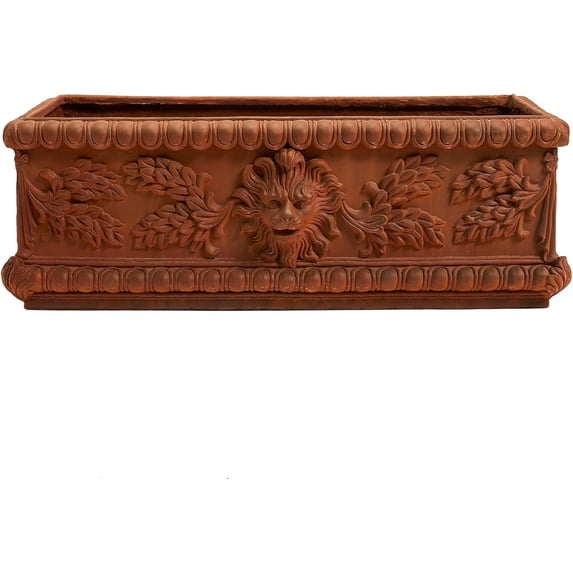 DAVYLINE Heavy Duty Large Cement Planter Box - Vintage Lion Head Concrete Rectangular Planter - 42.5" L. x 19" W. x 14.5" H. Rust Color