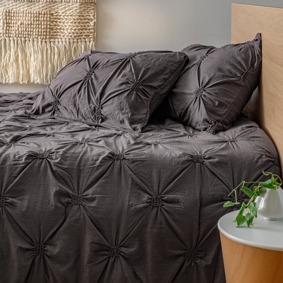 DAWN 3-Piece Comforter Set in Pleated Washed Charcoal, Full/Queen Size. Durable & Easy Care