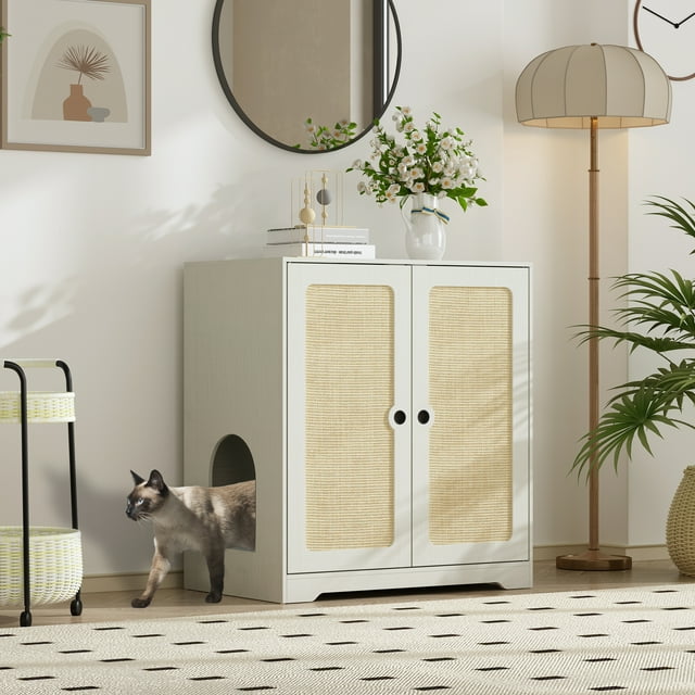 DAWNSPACES Cat Litter Box Enclosure with Rattan Decorated Doors, Wooden ...