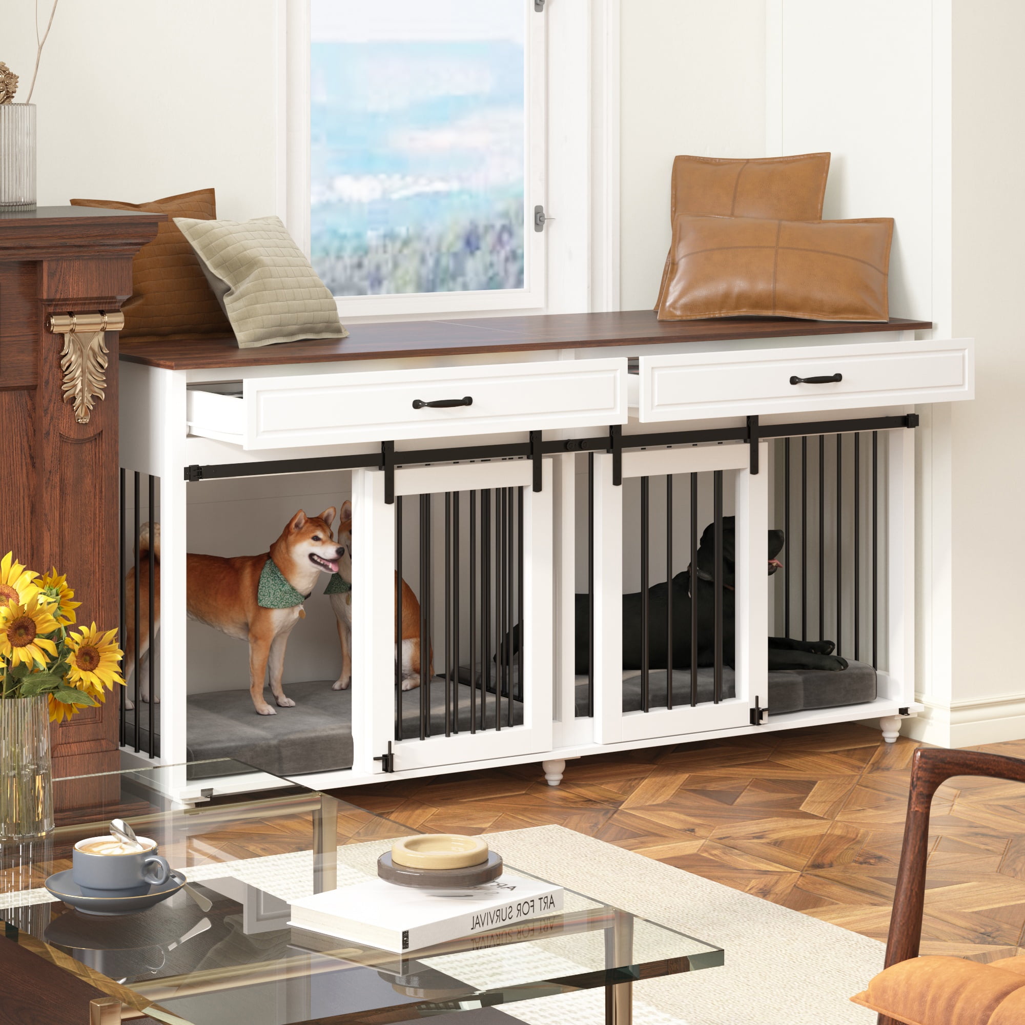 DAWNSPACES Dog Crate Furniture for Large Dogs, Indoor Dog House Wooden Kennel with Sliding Barn