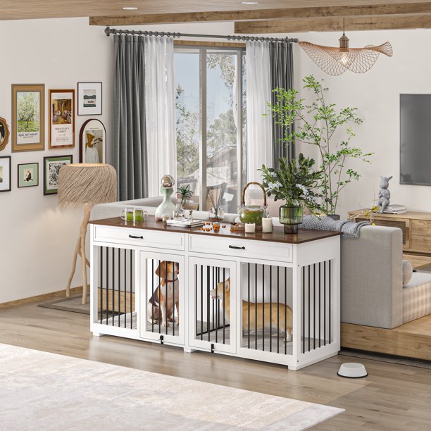 DAWNSPACES Dog Crate Furniture with 2 Drawers,72.5" Wooden Dog Kennel