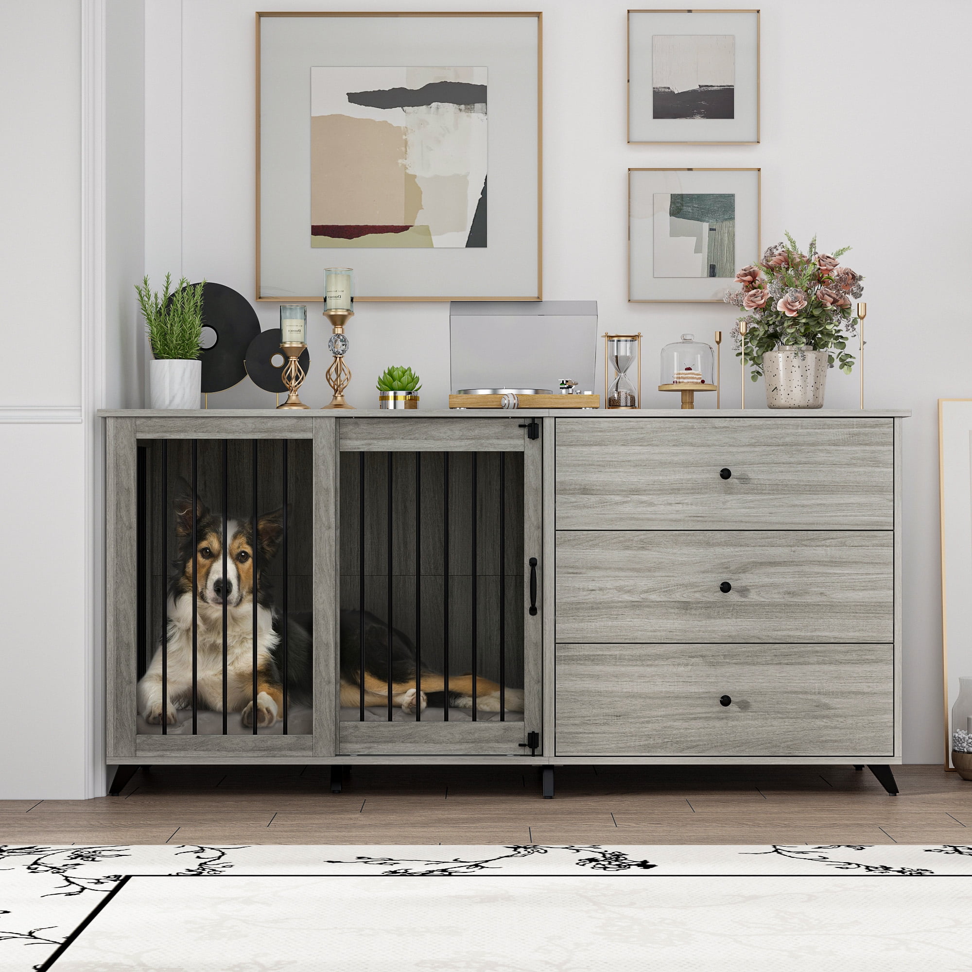 DAWNSPACES Dog Crate Furniture with 3 Large Drawers,Wooden Buffet Dog