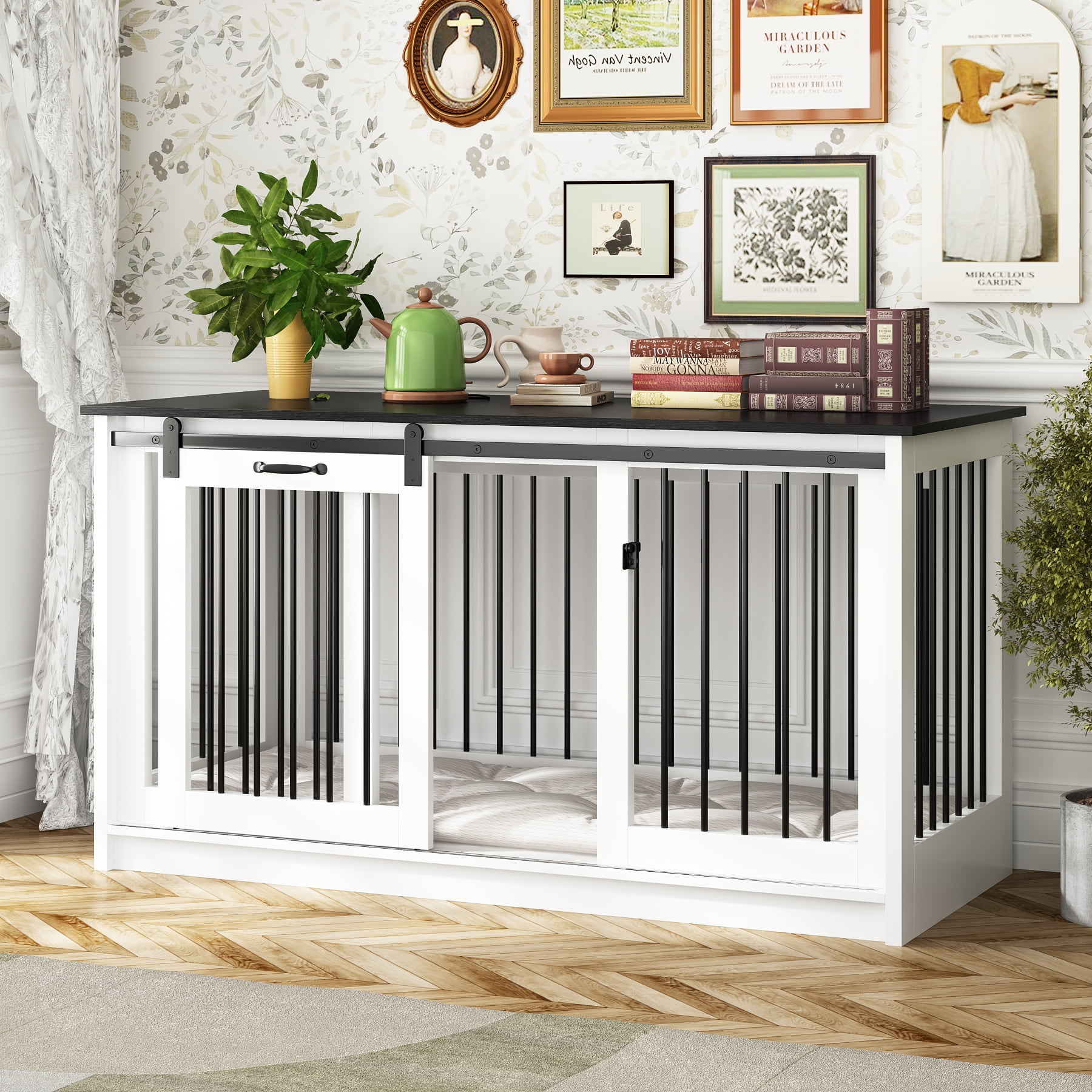 DAWNSPACES Dog Crate Furniture with Sliding Door, 55" Wooden Dog