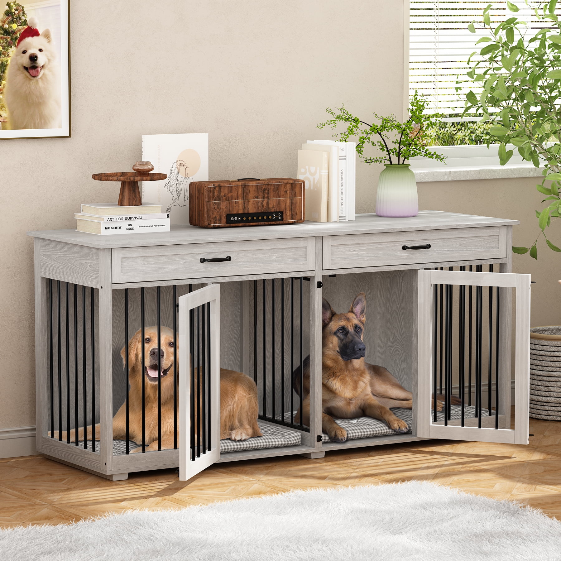 DAWNSPACES Large Dog Crate Furniture, 72.4" Wooden Dog Kennel TV Stand