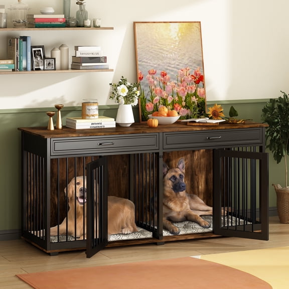 NARTRU 72.4" Large Double Dog Crate Kennel Furniture with Divider and 2 Drawers for 2 Medium or Large Dogs Indoor, Brown+Black