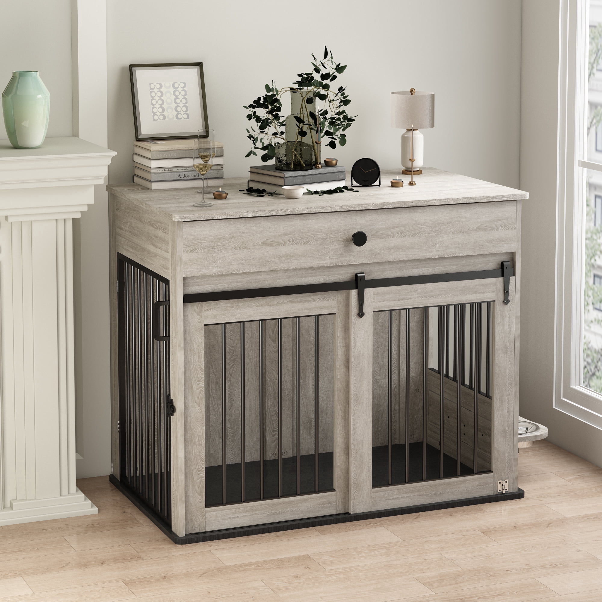 WHIFEA Modern Wooden Dog Crate Furniture with Sliding Barn Door & Side Access, Rotating Feeder Kennel for Medium-Large Dogs, Farmhouse Style, Grey