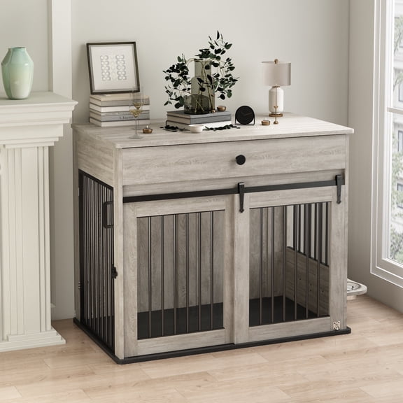 WHIFEA Modern Wooden Dog Crate Furniture with Sliding Barn Door & Side Access, Rotating Feeder Kennel for Medium-Large Dogs, Farmhouse Style, Grey