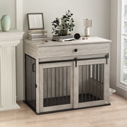 Laitimia Modern Wooden Dog Crate Furniture with Sliding Barn Door & Side Access, Rotating Feeder Kennel for Medium-Large Dogs, Farmhouse Style, Grey