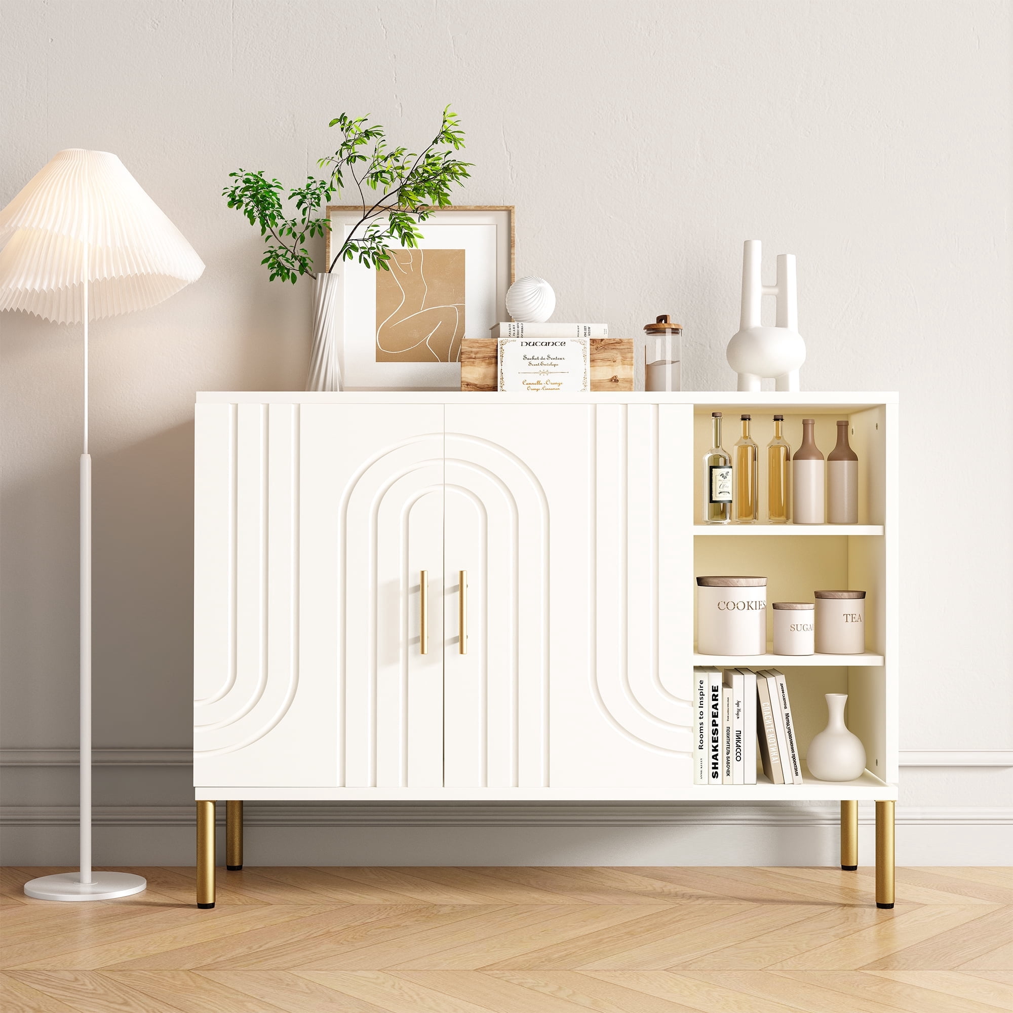 DAWNYIELD Buffetkast met gebogen texturen | Multifunctionele Sideboard - 2 deuren & 3 planken | Crème kleur 110x35x82 cm