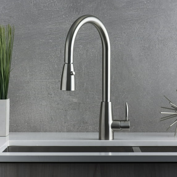 DAX Stainless Steel Single Handle Pull Down Kitchen Faucet with Dual Sprayer, Brushed Stainless Steel