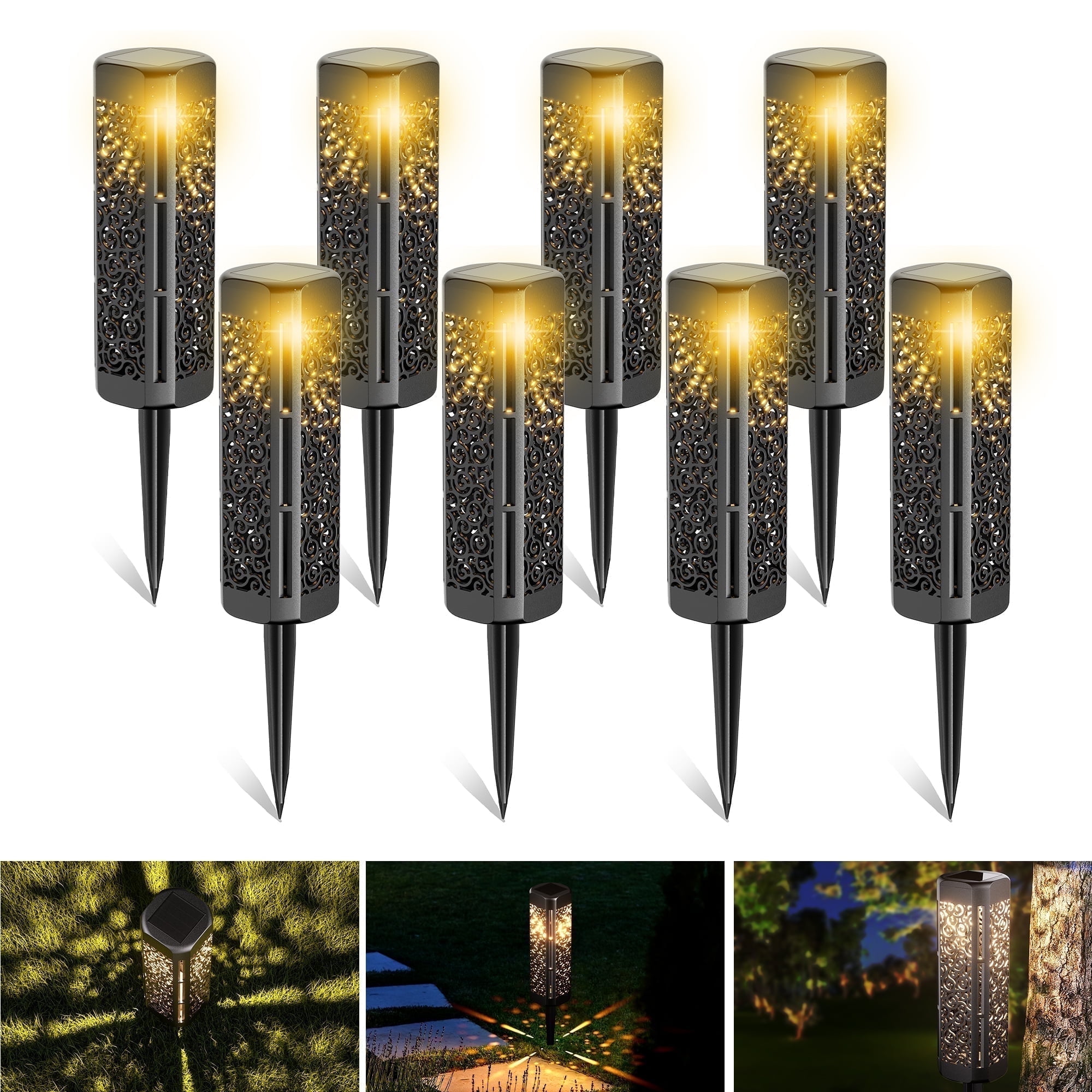 DAYBETTE 8 Pack Solar Pathway Lights , IP65 Waterproof Hollow-Out Ground Lights for Garden, Landscape, Driveway