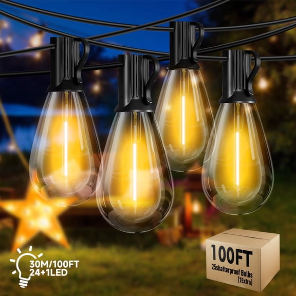 DAYBETTER 100FT LED Outdoor String Lights, Patio Lights with 24 1 Shatterproof S14 Edison Bulbs, Outside Hanging Light Waterproof for Porch, Deck, Garden, Yard, Balcony, Dimmable 2700K