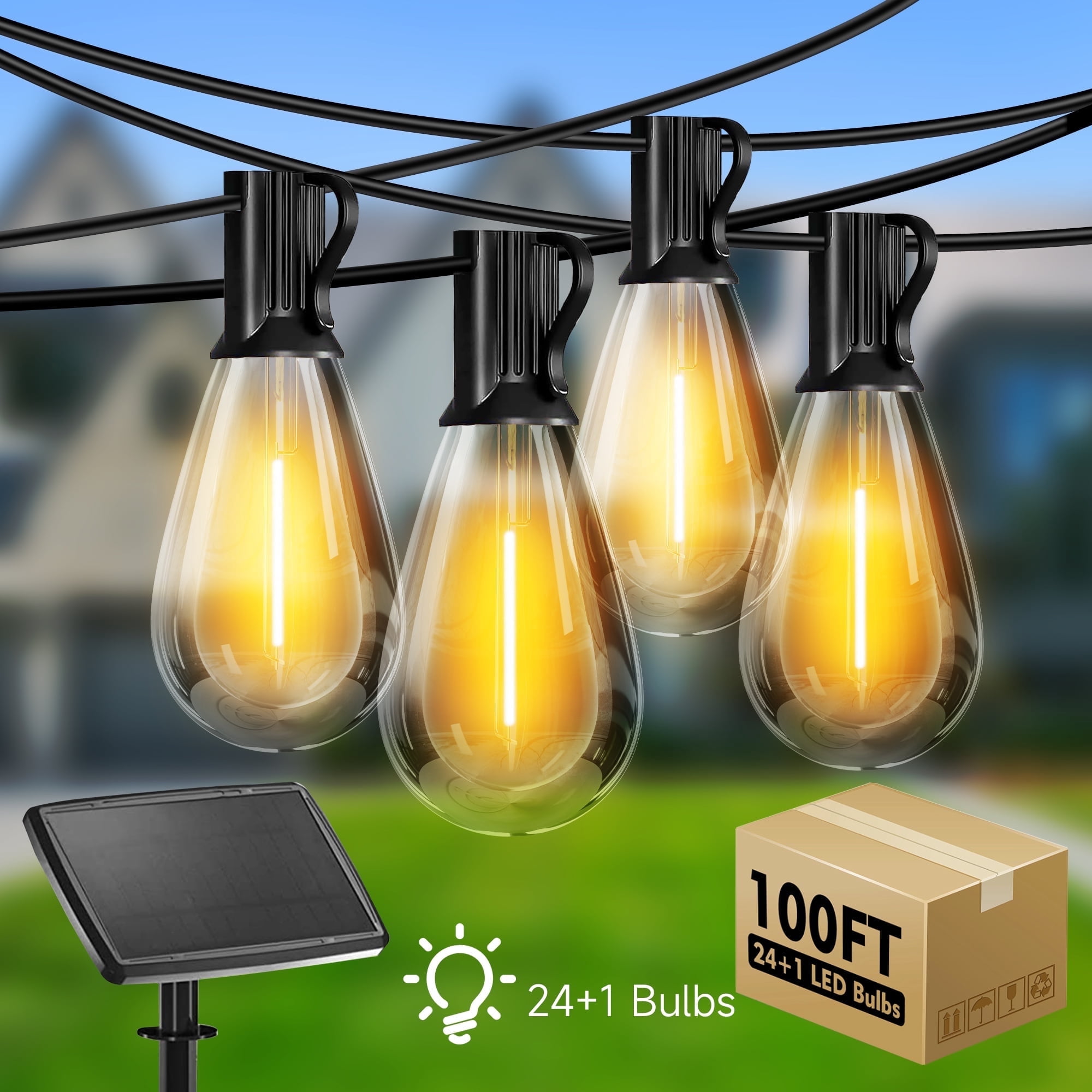 DAYBETTER 100FT S14 Solar Outdoor String Lights,2700K Waterproof Hanging Patio Lights for Backyard