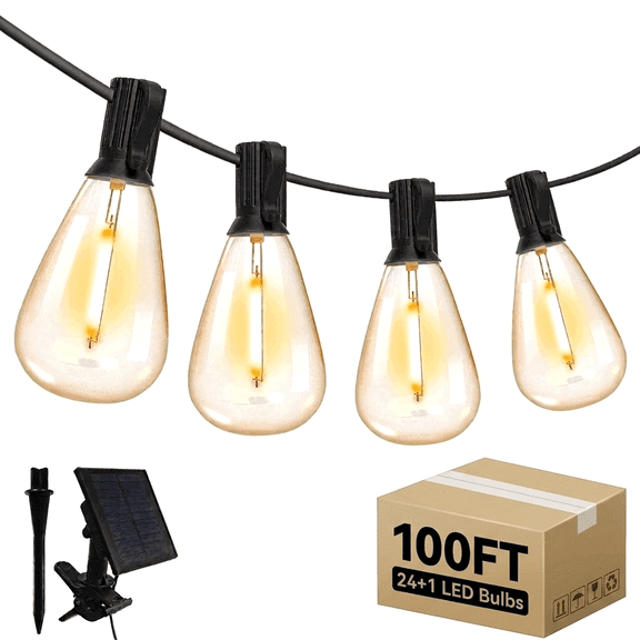 DAYBETTER Solar Outdoor String Lights, 100FT S11 Dimmable Lights with 24+1 Bulbs, 8 Lighting Modes, Remote Control for Yard, Patio, Holiday Decor