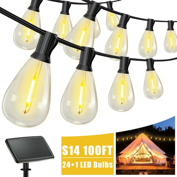 DAYBETTER 100FT Solar Outdoor String Lights, Hanging Patio Lights with 24 Shatterproof S14 Bulbs, Waterproof, for Porch, Patio, Holiday