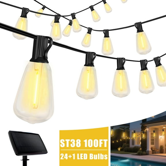 DAYBETTER 100FT Solar String Lights Outdoor, Waterproof Hanging Lights with 24 Shatterproof Bulbs, Dimmable, for Outside, Camping, Yard, Party Decor
