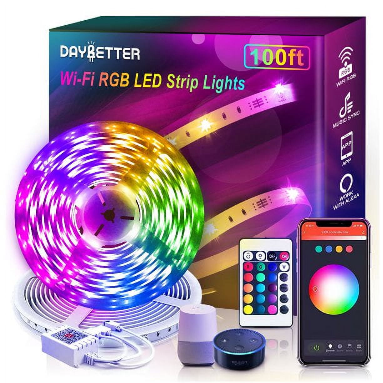 DAYBETTER 100ft LED Strip Lights for Bedroom,Alexa Room Decor Led  Lights,5050 RGB Color Changing Music Sync with App Remote (2 Rolls of 50ft)