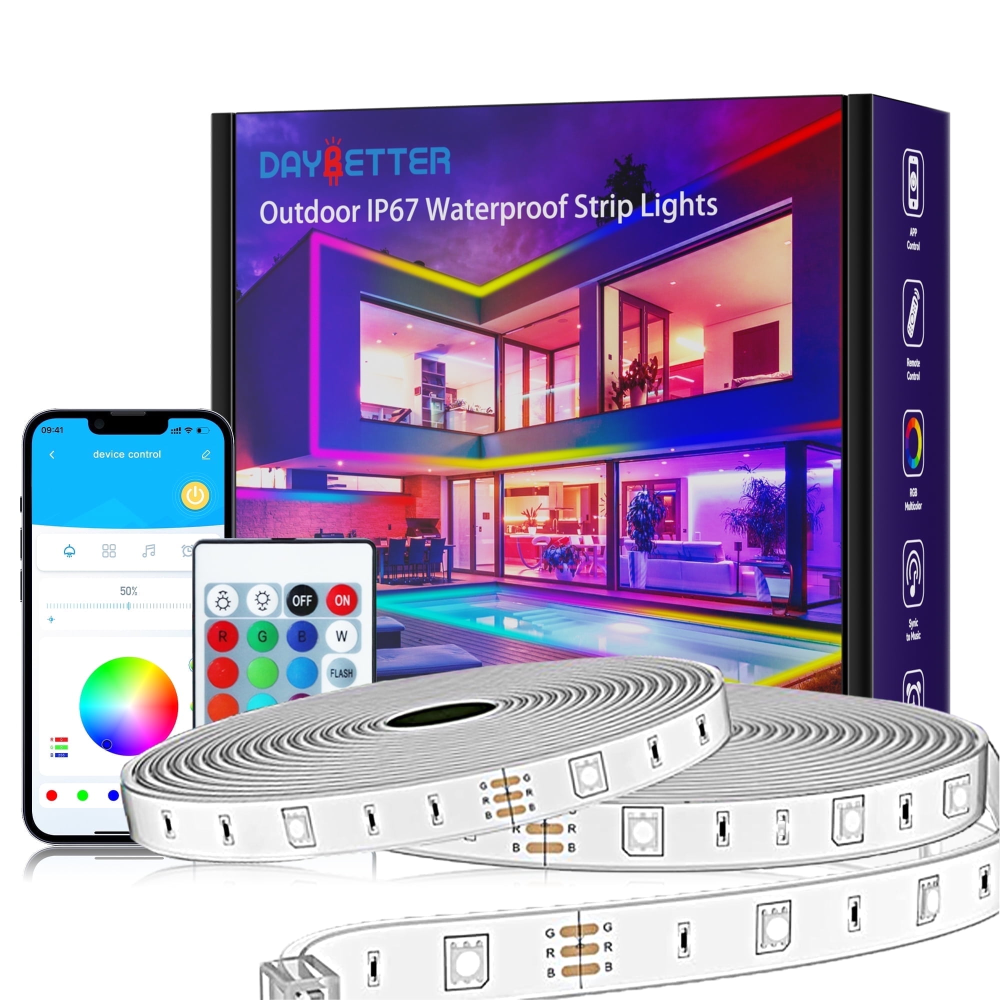 DAYBETTER 100ft Outdoor LED Strip Lights Waterproof IP67,RGB Led Light Strips with Remote Control and Music Sync Mains Powered for Outside Garden House Pool Roof Lawn Decor