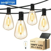 DAYBETTER 100ft Solar Outdoor String Lights, with 24 Edison Vintage Shatterproof Bulbs, ST38 Waterproof Hanging Lights, Connectable and Dimmable Lights for Yard, Patio
