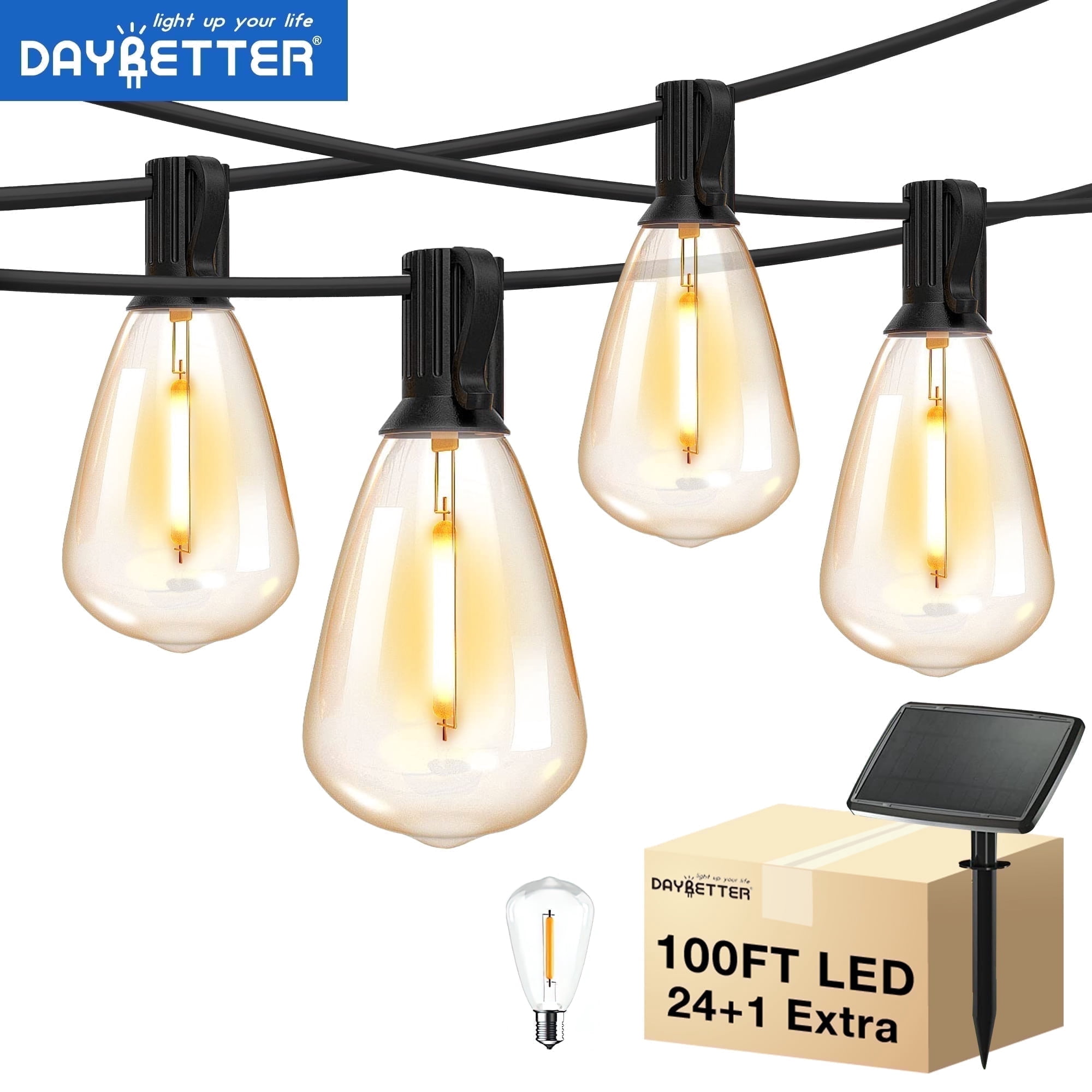 DAYBETTER 100ft Solar Outdoor String Lights, with 24 Shatterproof Bulbs, ST38 Waterproof Hanging Lights, Outdoor Solar Lights for Yard, Patio